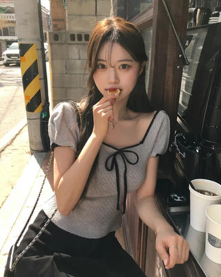 Ribbon Bicolor Short-Sleeve Knit