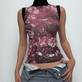 Sleeveless high neck butterfly print mesh top