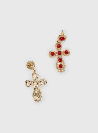 Oakwood Cross Earrings Gold  Red