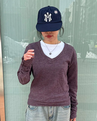 Striped V-neck long-sleeved T-shirt
