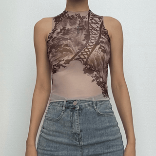 Sleeveless high neck print sheer mesh top