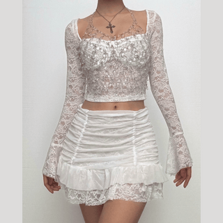 Long flared sleeve ruched lace sweetheart neck solid mini skirt set