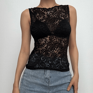 Lace see through round neck solid top
