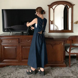 Back Shirred Open Denim Dress