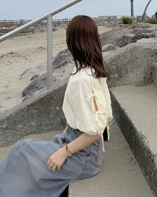 (ORIGINAL) Henley Neck Ribbon Balloon Blouse