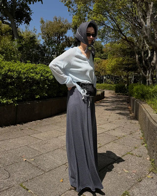 Striped elastic waist long skirt