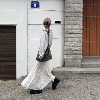Lace flared long skirt