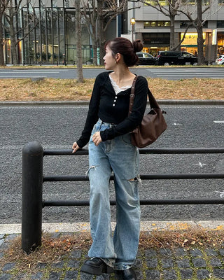 Lace detail button knit