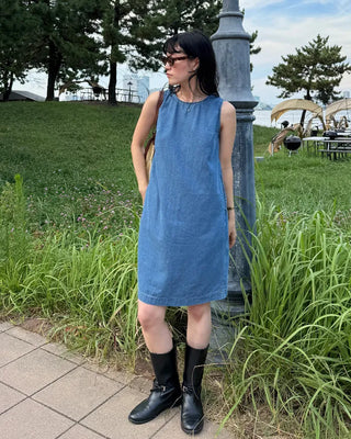 Round neck denim midi dress