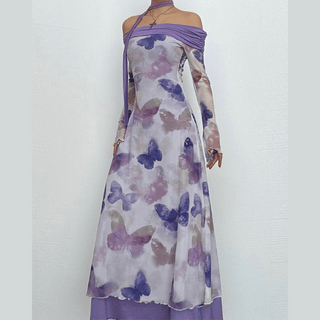 Off shoulder long flared sleeve butterfly print mesh maxi dress