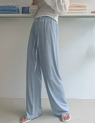 Ribbed elastic waist long wide pants