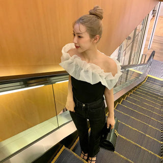 Chiffon frill off-shoulder T-shirt