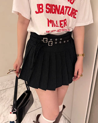Double-belted pinstripe mini skirt