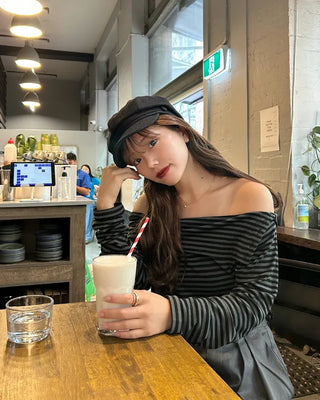 Striped off-shoulder long t-shirt
