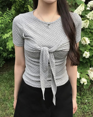 Polka Dot Ribbon Tie Short Sleeve Shirt