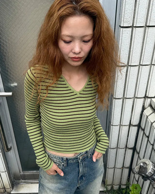 Keyhole neckline striped long-sleeve knit