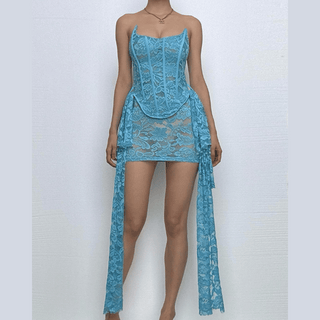 Lace bustier ruched see through tube mini dress