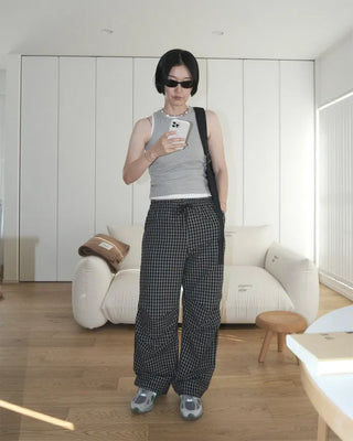 Checked parachute pants