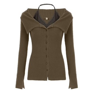 Long sleeve turnover collar halter button 2 piece top