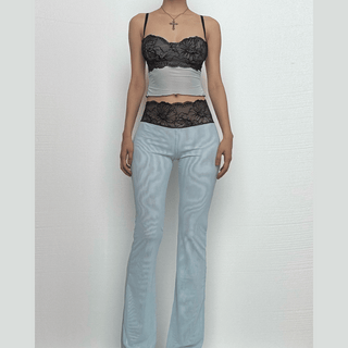 Lace mesh ruffle sweetheart neck cami pant set