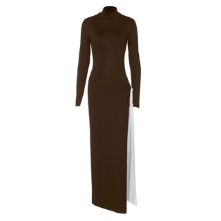 High neck long sleeve hollow out slit knotted cut out maxi dress