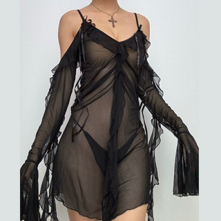 Long flared sleeve Off shoulder sheer mesh ruffle mini dress