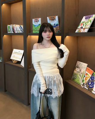 Off-shoulder knit frill camisole set