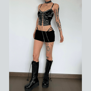 Metal chain rivet lace up PU leather cami top