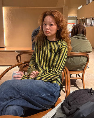 Round neck striped long T-shirt