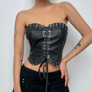 Lace up PU leather metal chain tube top