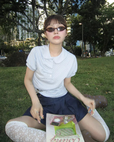 Round Collar Gathered Polo Neck Dot Puff T-Shirt