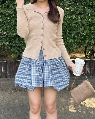 Belted check balloon mini skirt