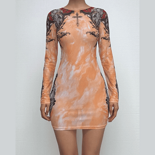 Long sleeve crewneck print sheer mesh mini dress