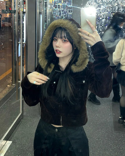 Velvet fur hooded cardigan