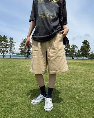 (Unisex) Cotton Wide Half Pants with Drawstring Waist