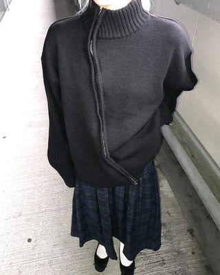 Asymmetrical pleated knit zip-up
