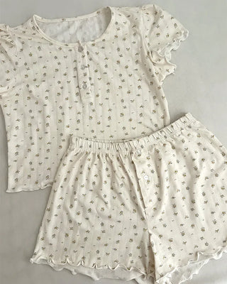 Flower Henley Neck Scallop Short Sleeve Shirt & Pants Set