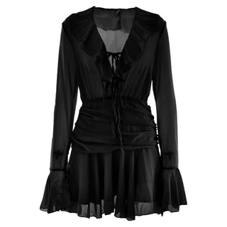 V neck long sleeve chiffon ruched ruffle mini dress