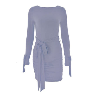Long sleeve bowknot ruched knotted mini dress
