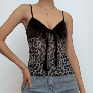 V neck velvet leopard print mesh bowknot cami top