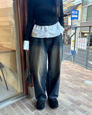Vintage Wash Wide Fit Denim Pants