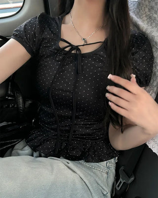 Polka Dot Ribbon Strap Puff Sleeve Short Sleeve T-Shirt