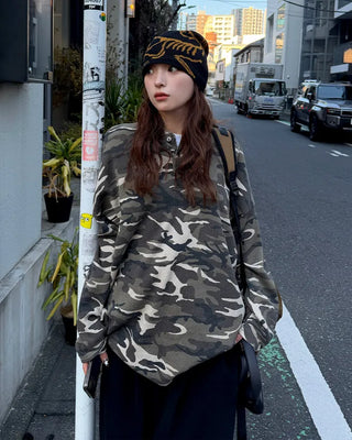 Camouflage Waffle Henley Neck Long T-Shirt