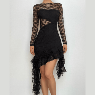 Lace backless solid ruffle long sleeve irregular mini dress - Final Sale