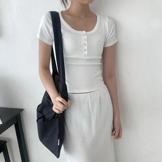 Ribbed Button U-Neck T-Shirt