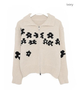 Flower-point color knit zip-up
