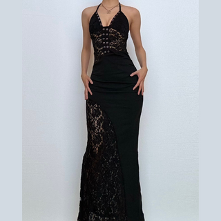 Lace v neck halter self tie ruched maxi dress