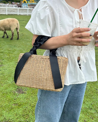 Shirring top handle rattan bag