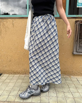 Checked banded long skirt