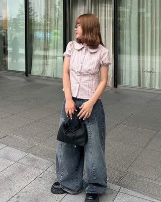 Round collar check short-sleeved blouse